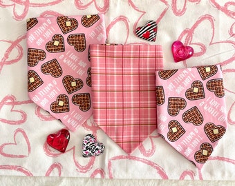 I Love You a Waffle Lot! On pink/My Valentine Plaid - Red, Pink, and White Reversible Dog Bandana.  Personalized, Valentine Pet  Accessories