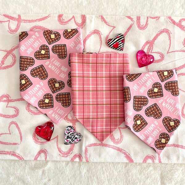 I Love You a Waffle Lot! On pink/My Valentine Plaid - Red, Pink, and White Reversible Dog Bandana.  Personalized, Valentine Pet  Accessories