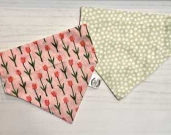 Tulips on Pink/Spring Green and White Polka Dots Reversible Dog Bandana, Custom Pet Accessories, Easter Pet Neckwear
