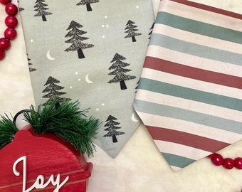 Christmas Forest with Pine Trees with Moon and Stars/Christmas Stripes Personalized Dog Bandanas.  Customized Winter Dog Accessories.