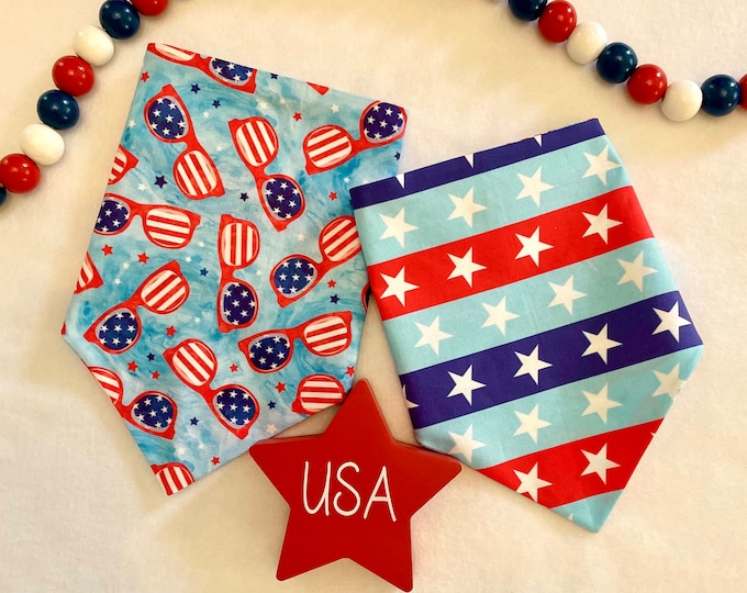 Featured listing image: Star Spangled Sunnies/USA Stars Ribbon Reversible, Patriotic Dog Bandana, Customized Summertime Pet Accessories
