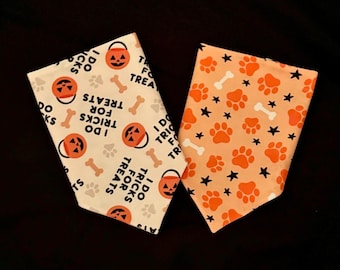 I Do Tricks for Treats/Orange Halloween Dog Paw Prints Reversible Dog Bandana.  Personalized Pet Accessories
