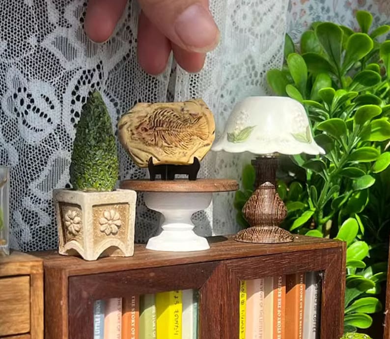 May include: Miniature dollhouse scene featuring a small bookshelf, a potted topiary, and a fossil display. A small lamp with a floral lampshade sits on the shelf. The scene is set against a backdrop of greenery and lace.