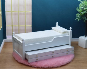 Dollhouse modern bed miniature wood trundle bed 1:12th scale pull out bed for doll