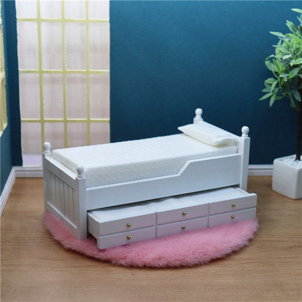 Dollhouse modern bed miniature wood trundle bed 1:12th scale pull out bed for doll
