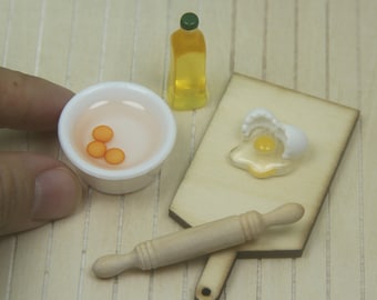 Dollhouse miniature eggs in bowl mini wooden rolling pin 1/12 scale broken egg model doll house food set of 5