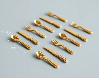 12 pcs dollhouse miniature fork spoon knife utensil kit set doll house gold kitchen table ware decoration 1:12 sacle  kitchen accessory
