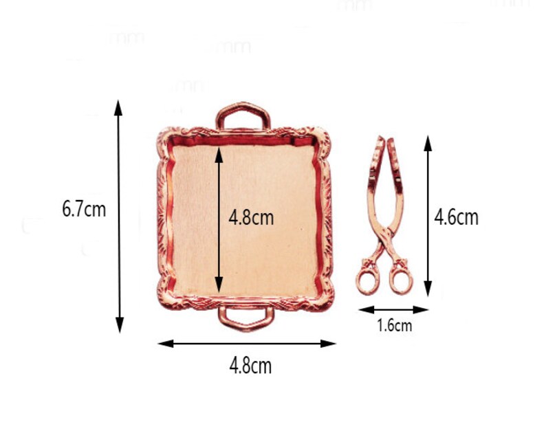 May include: A rose gold serving tray with ornate edges and a matching pair of tongs. The tray measures 4.8 inches by 6.7 inches.