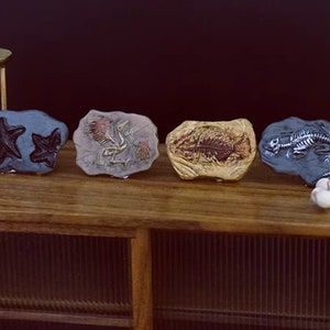 May include: Four faux fossil rocks with embedded prehistoric sea creatures. The fossils include a starfish, a bird, a fish skeleton, and a lizard skeleton. The rocks are various colors, including gray, tan, and gold. The fossils are a great educational toy.
