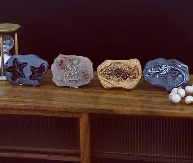 May include: Four faux fossil rocks with embedded prehistoric sea creatures. The fossils include a starfish, a bird, a fish skeleton, and a lizard skeleton. The rocks are various colors, including gray, tan, and gold. The fossils are a great educational toy.
