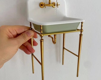 1/6 Scale Vanity Sink Miniature Faucet with Water Dollhouse Bathroom Furniture Mini Freestanding Sink with Metal Legs for Dolls House