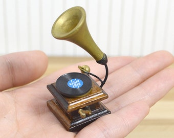 Dollhouse antique old style phonogrph with record miniature vintage vinyl player dolls house record player