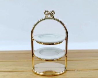 Soporte para servir en casa de muñecas, bandeja de postre en miniatura, mini estante de pastelería dorado, bandeja de soporte a escala 1/12 para casa de muñecas