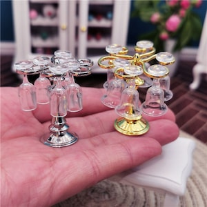 dollhouse wine glasses with rack miniature home decoration 1:12th scale wine glasses holder chanpagne stemware hanining stand with 6 glasses