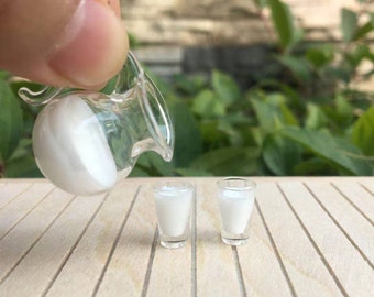 Miniature milk set  mini pitcher and 2 glasses dollhouse  real glass jug of milk 1:12 scale milk jar with glasses dollhouse mini food drink