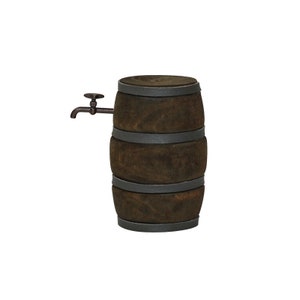 Pode incluir: Um barril de madeira marrom com faixas de metal e uma torneira de metal. O barril est&aacute; em p&eacute; sobre um fundo branco.
