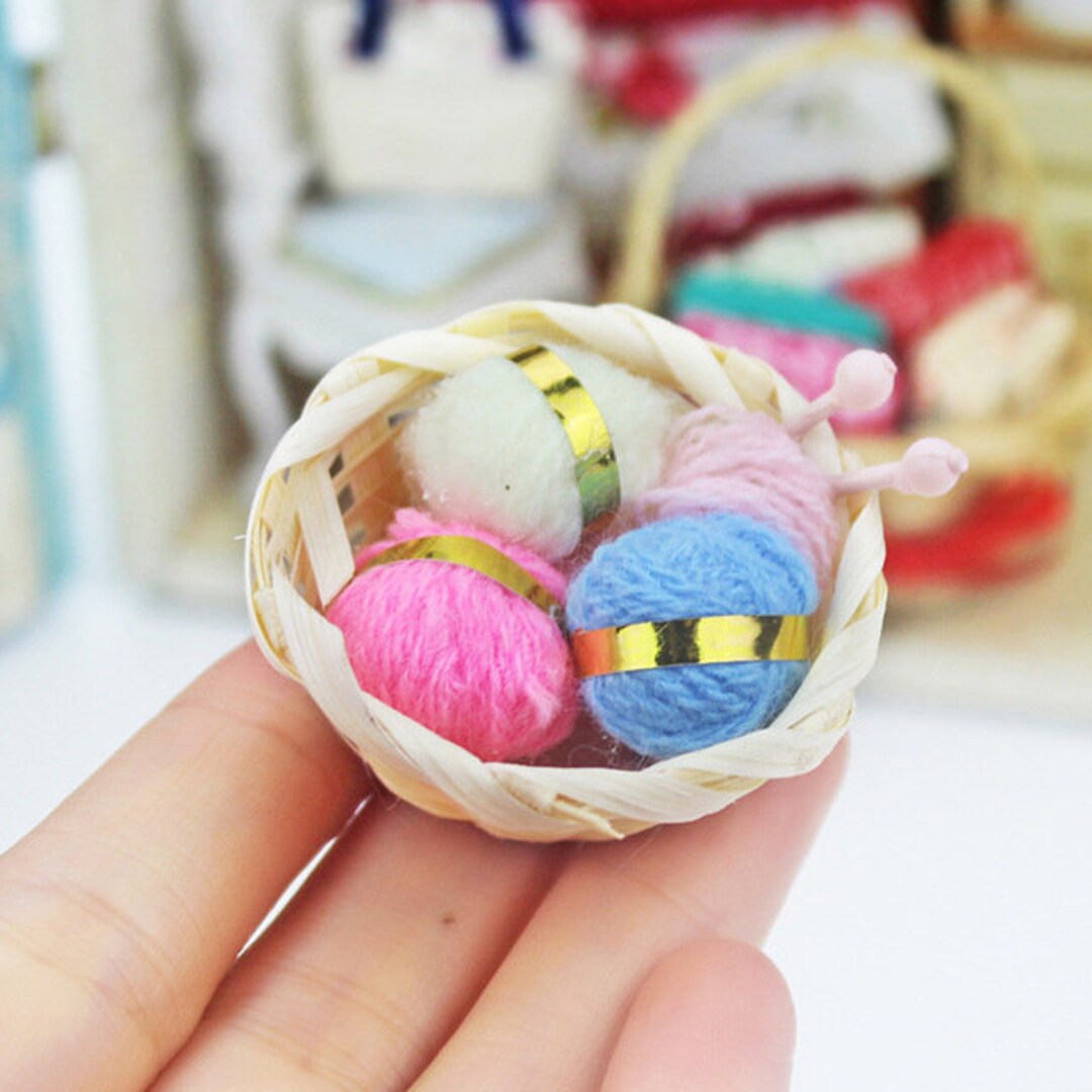 Miniature Basket With Yarn Balls Knitting Needles 1/12 Scale Sewing ...