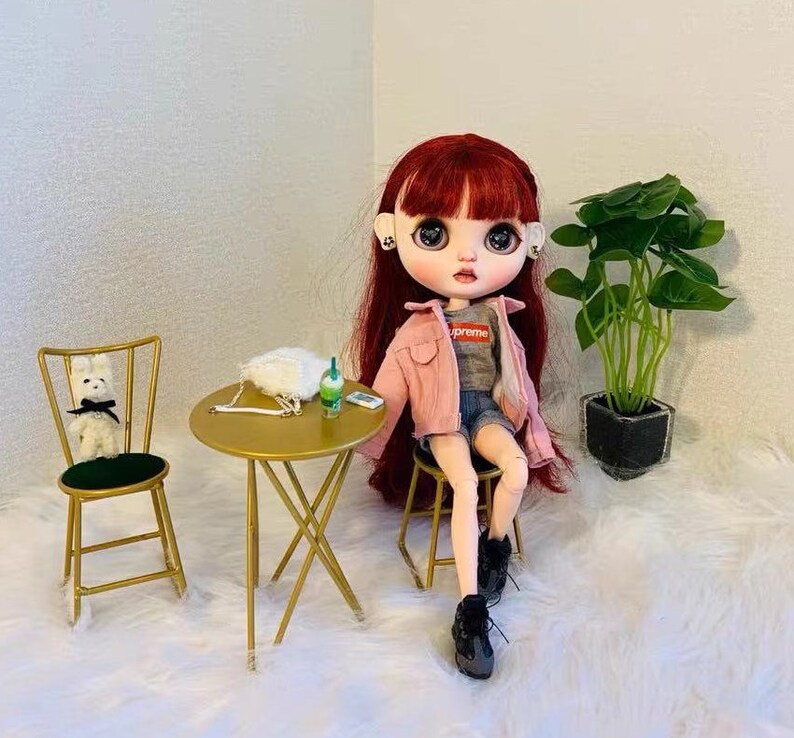 Dolls house modern furniture miniature metal table mini alloy chairs for dolls 1/6 scale furniture for Blythe dollhouse image 5