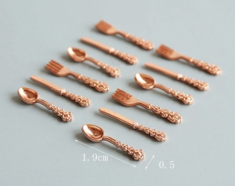 set of 12 pieces doll house  utensil kit miniature metal fork mini gold rose spoon 1/12 scale cutlery set