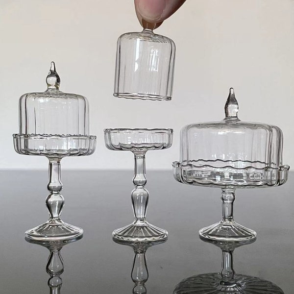 Miniature real glass domed cake stand dollhouse glass serveware collection 1:6 scale covered pastry stand mini glass stand