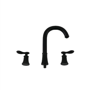 May include: A matte black bathroom faucet set with a curved spout and two lever handles. The faucet has a classic design and is made of metal. The handles are on either side of the faucet's base.