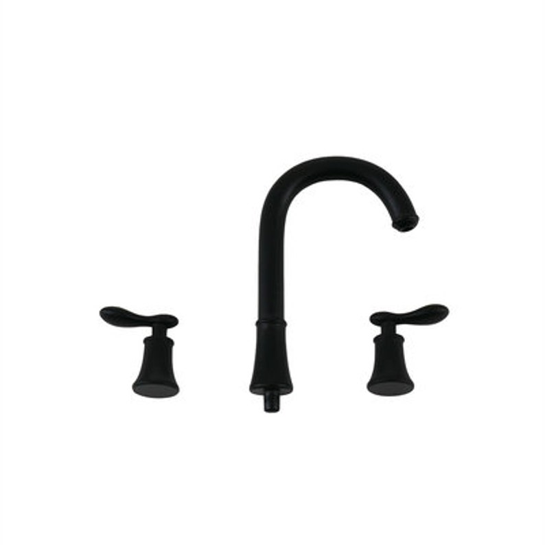 May include: A matte black bathroom faucet set with a curved spout and two lever handles. The faucet has a classic design and is made of metal. The handles are on either side of the faucet's base.