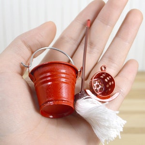 dollhouse cleaning metal bucket with mop 1/12 scale miniature kitchen white cotton mop mini red metal bucket for dolls house
