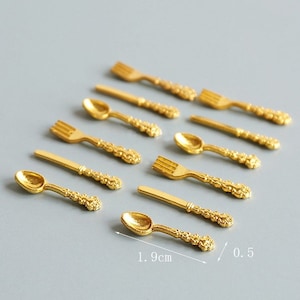 dollhouse gold metal fork miniature spoon for dolls 1/12 scale mini knife doll house kitchen utensil set of 12 pieces