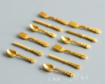 dollhouse gold metal fork miniature spoon for dolls 1/12 scale mini knife doll house kitchen utensil set of 12 pieces