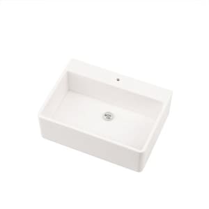 May include: A rectangular, white ceramic bathroom sink with a single faucet hole and a chrome drain. The sink has a modern, minimalist design, perfect for a contemporary bathroom. The sink is clean and bright.