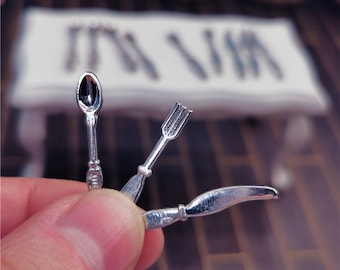 12 pieces dollhouse miniature cutlery set 1/12 scale metal silver utensil kit mini fork spoon knife kithen ware for doll house