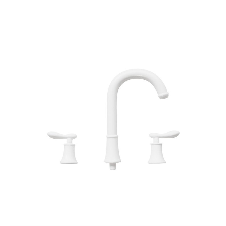 May include: A white bathroom faucet set with a curved spout and two lever handles. The faucet has a classic design and is made of a solid, opaque material. The handles are shaped like small wings.