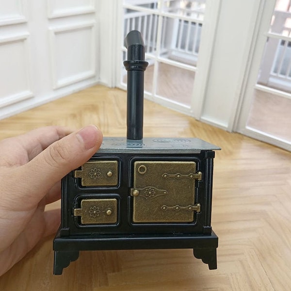 Estufa de metal para casa de muñecas, cocina en miniatura, estufa de chimenea larga, cocina a escala 1:12, horno, muebles para casa de muñecas