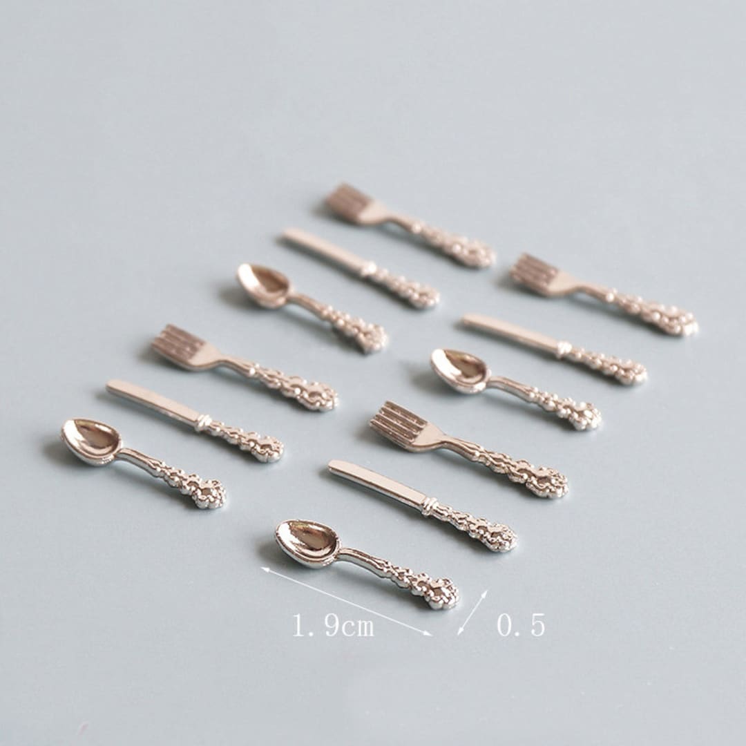 Dollhouse Cutlery Set of 12 Pieces Miniature Metal Fork Mini Silver