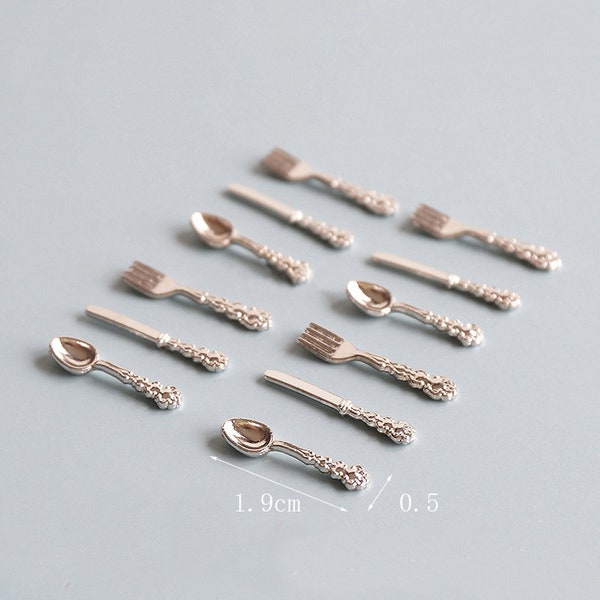 dollhouse cutlery set of 12 pieces miniature metal fork mini silver spoon 1/12 scale knife doll house utensil kit