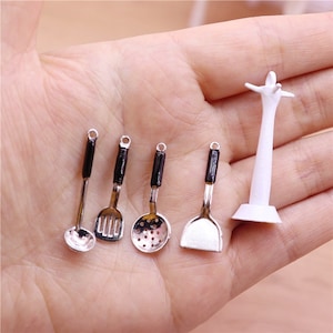 dollhouse kitchen utensils miniature metal cooking utensils with white holder dolls house cookware set of 5