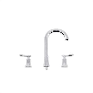 May include: A polished chrome bathroom faucet set with a curved spout and two lever handles. The faucet has a classic design with a high-arc spout and a central body. The handles are on either side of the faucet.