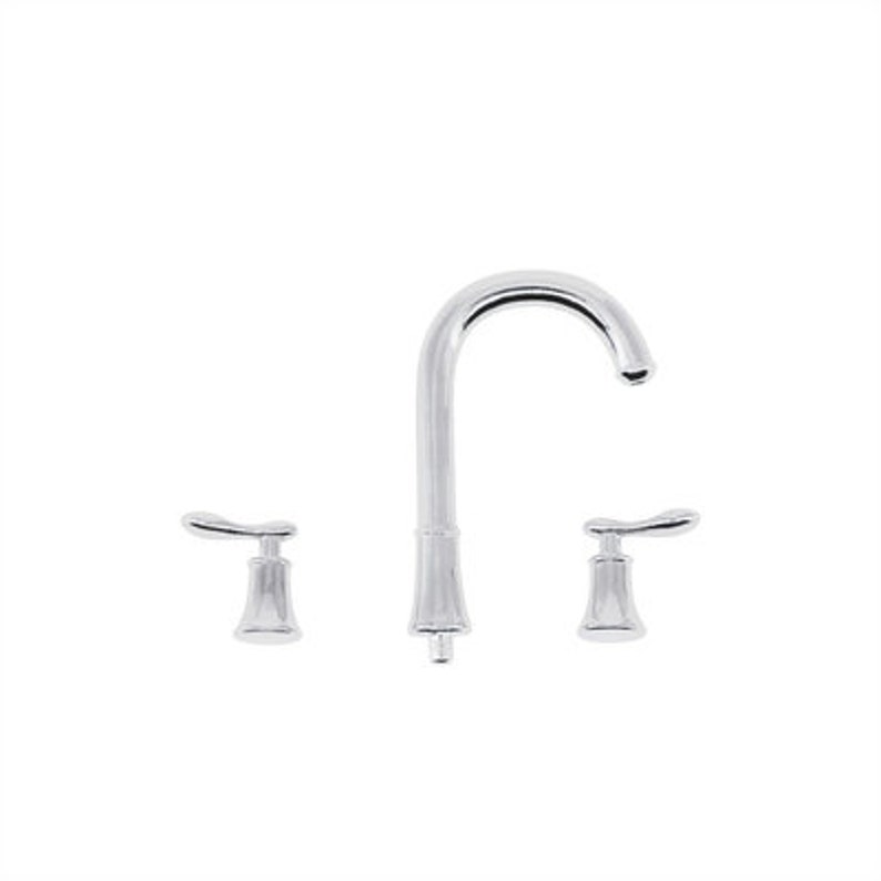 May include: A polished chrome bathroom faucet set with a curved spout and two lever handles. The faucet has a classic design with a high-arc spout and a central body. The handles are on either side of the faucet.