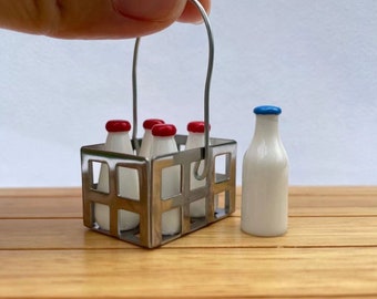 Miniature milk bottles with wire basket colletion dollhouse kitchen food in miniature metal basket 1:12scale milk bottles for dollhouse