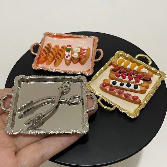 Miniature Metal Tray 1 12th Scale Bread Cake Tong Dollhouse Serving Tray with Handles
