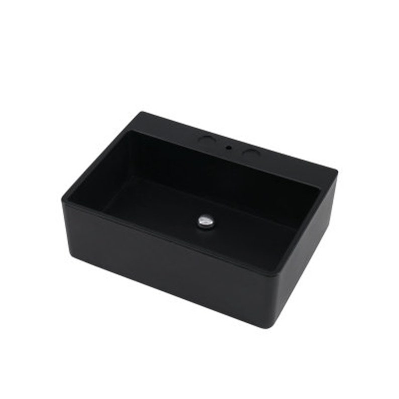 May include: A rectangular, matte black bathroom sink with a drain and faucet holes. The sink has a simple, modern design and is set against a white background. The sink's interior is a deep black, contrasting with the exterior.