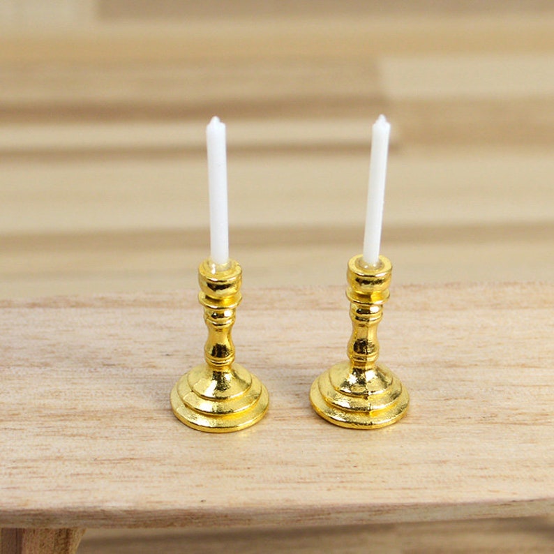 Pair Dollhouse Miniature Candlesticks Matal Candle Holders w Plastic Candles 