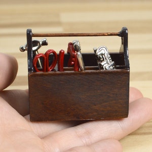 Miniature wood tool box collection dollhouse miniature tool box with metal tools 1/12scale hammer mini metal wrench screwdriver pliers
