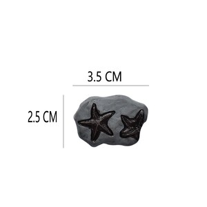 May include: A gray stone with two starfish fossils. The stone measures 3.5 cm wide and 2.5 cm tall. The starfish are dark brown and have five arms. The fossils are embedded in the stone.