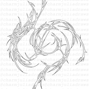 May include: Black and white abstract line art design. The artwork features a swirling, organic shape with intricate, spiky details and a web-like pattern. The artist's name, @charmjuliadraws, is repeated in the background.
