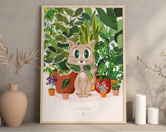 CAT in THE JUNGLE - A3 plant poster - plant illustration, botany, plants, decoration, art, print, poster, jungle paper, feline