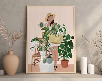 PLANT LADY, Chez Flora - Affiche plante A3/A4 - Poster, illustration végétale, botanique, plantes, décoration, art, boho, vintage, jungle