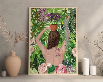 JUNGLE PARTY, Plant Lady - Affiche plante A3/A4 - Poster, monstera, illustration végétale, botanique, femme, décoration, print, jungle paper