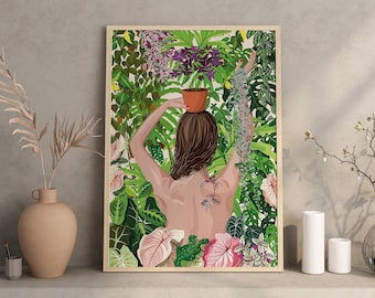 JUNGLE PARTY, Plant Lady - Plant poster A3/A4 - Poster, monstera, plant illustration, botany, woman, decoration, print, jungle paper