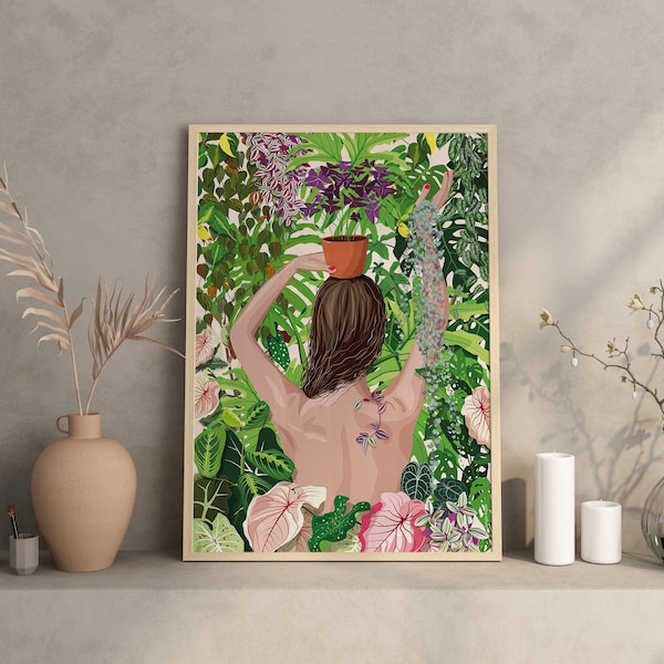 JUNGLE PARTY, Plant Lady - A3/A4 plant poster - Poster, monstera, plant illustration, botany, woman, decoration, print, jungle paper